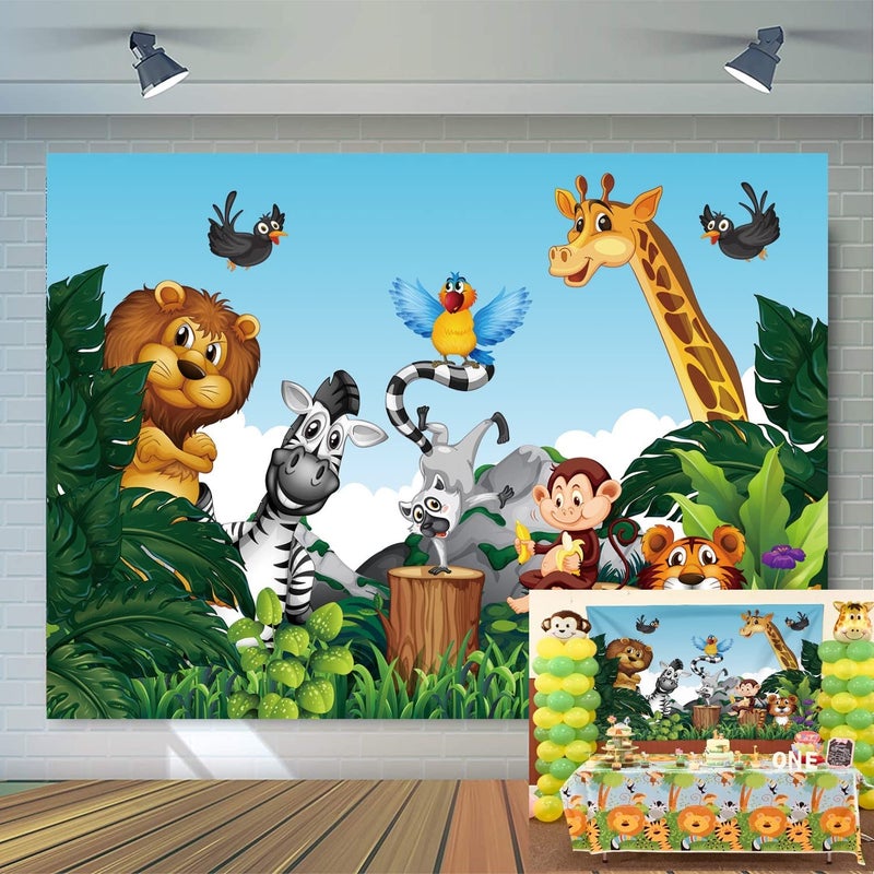 nn Jungle Animals Backdrop Cartoon Forest Animals Theme Party Photo Background Kids Children Newborn Birthday Baby Shower Decoration Photography Props 7x5FT - Image 1